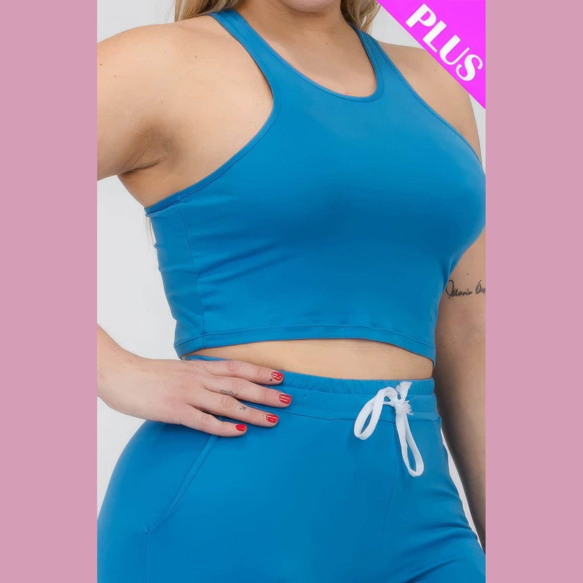 Plus Size Crop Tank Top & Ruched Pants Set - VacationGrabs