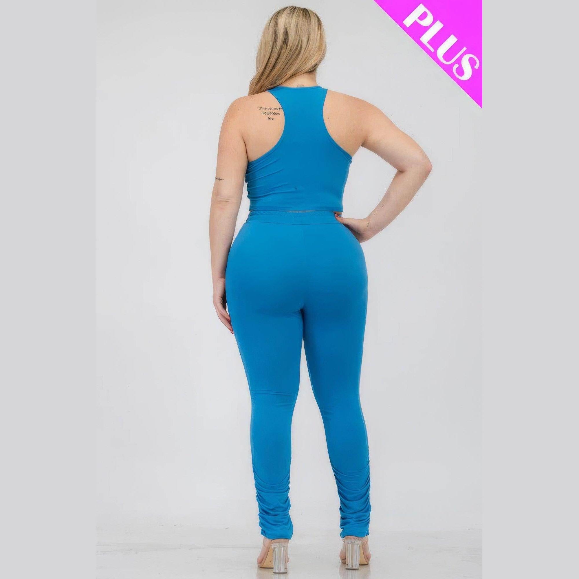Plus Size Crop Tank Top & Ruched Pants Set - VacationGrabs