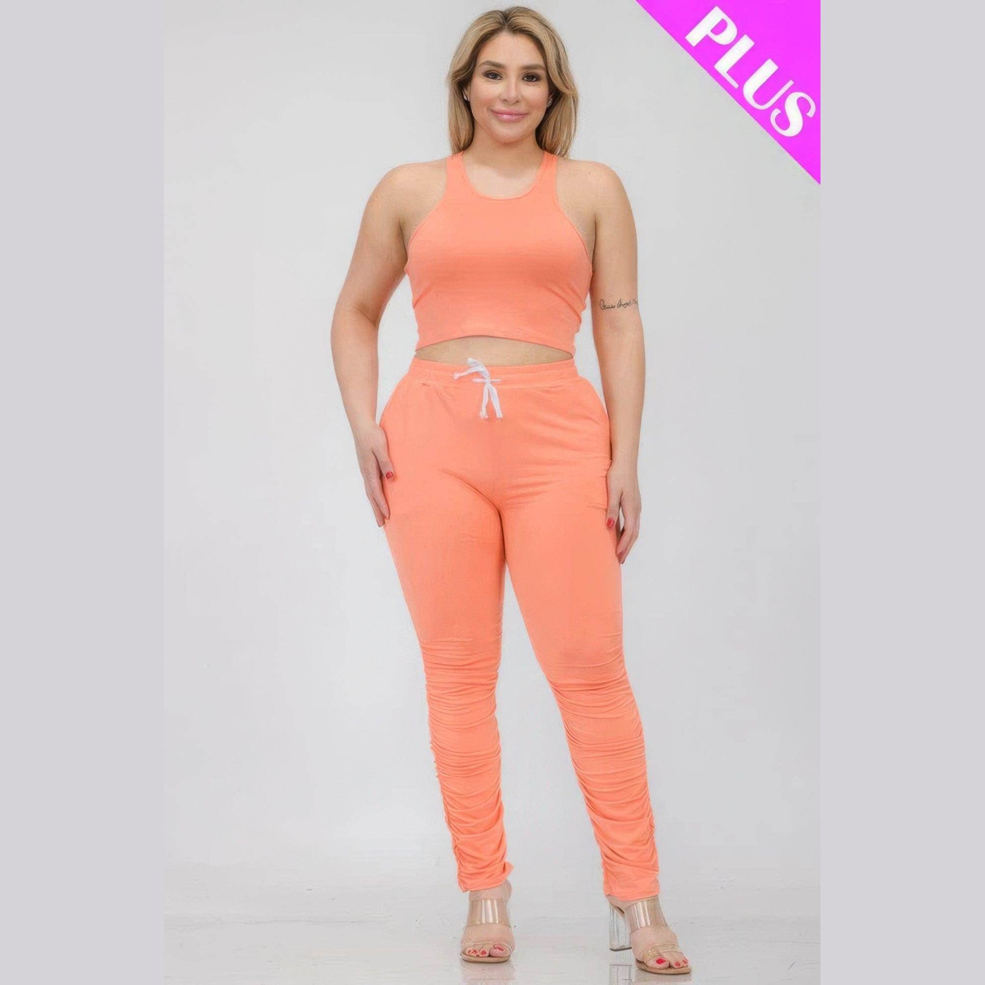 Plus Size Crop Tank Top & Ruched Pants Set - VacationGrabs
