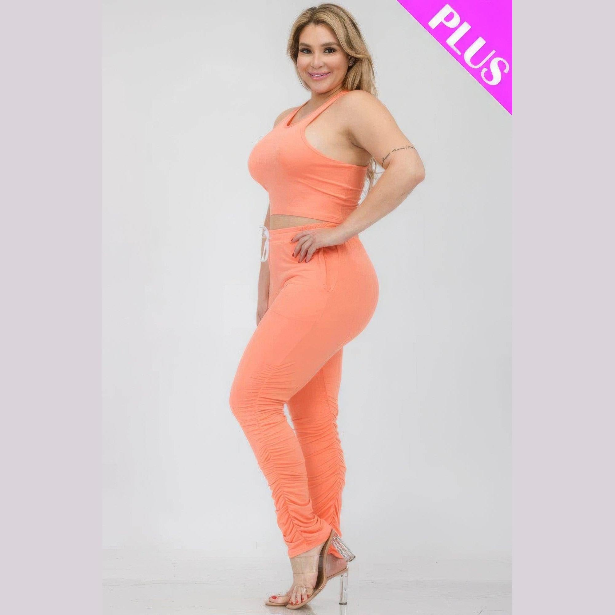 Plus Size Crop Tank Top & Ruched Pants Set - VacationGrabs