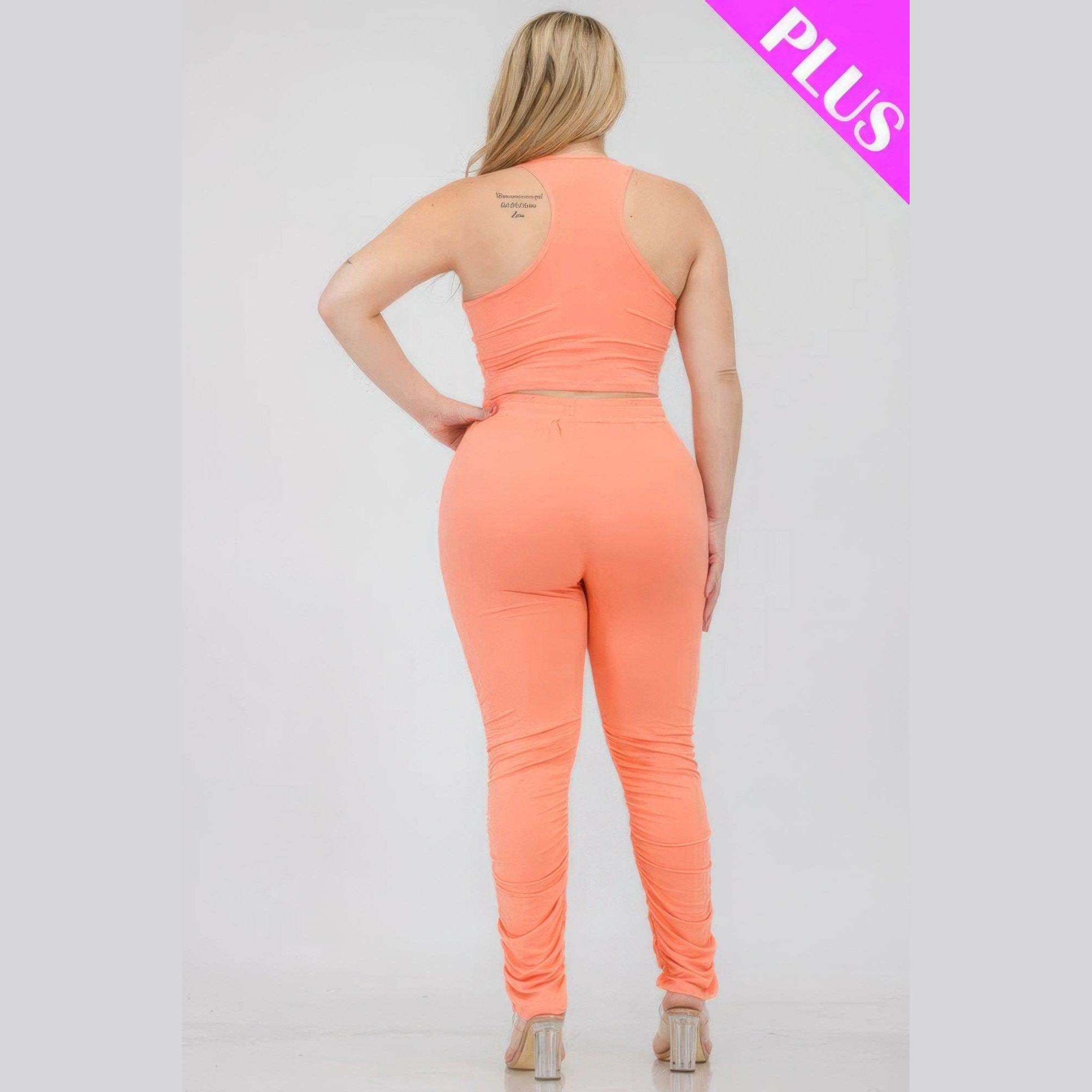 Plus Size Crop Tank Top & Ruched Pants Set - VacationGrabs