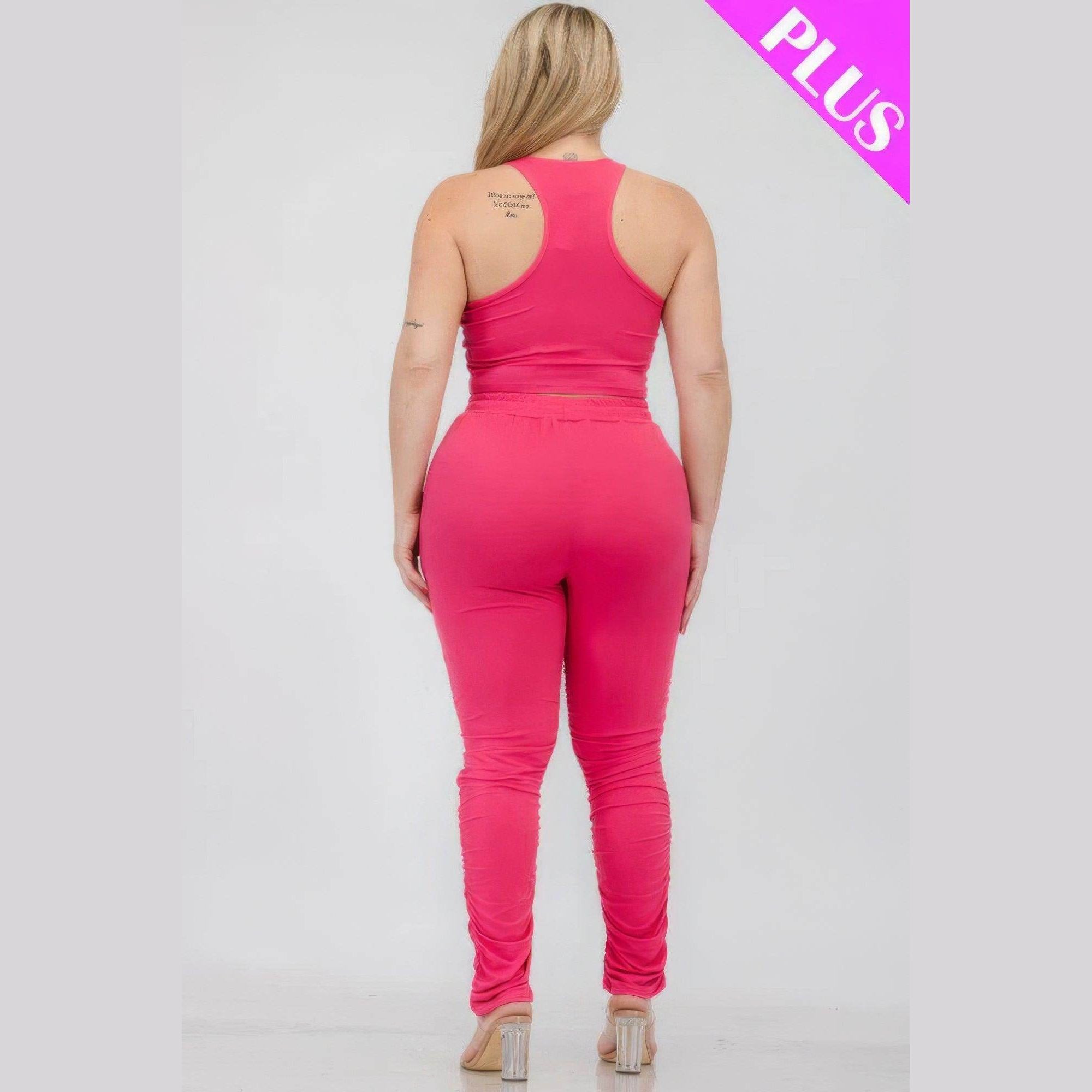 Plus Size Crop Tank Top & Ruched Pants Set - VacationGrabs