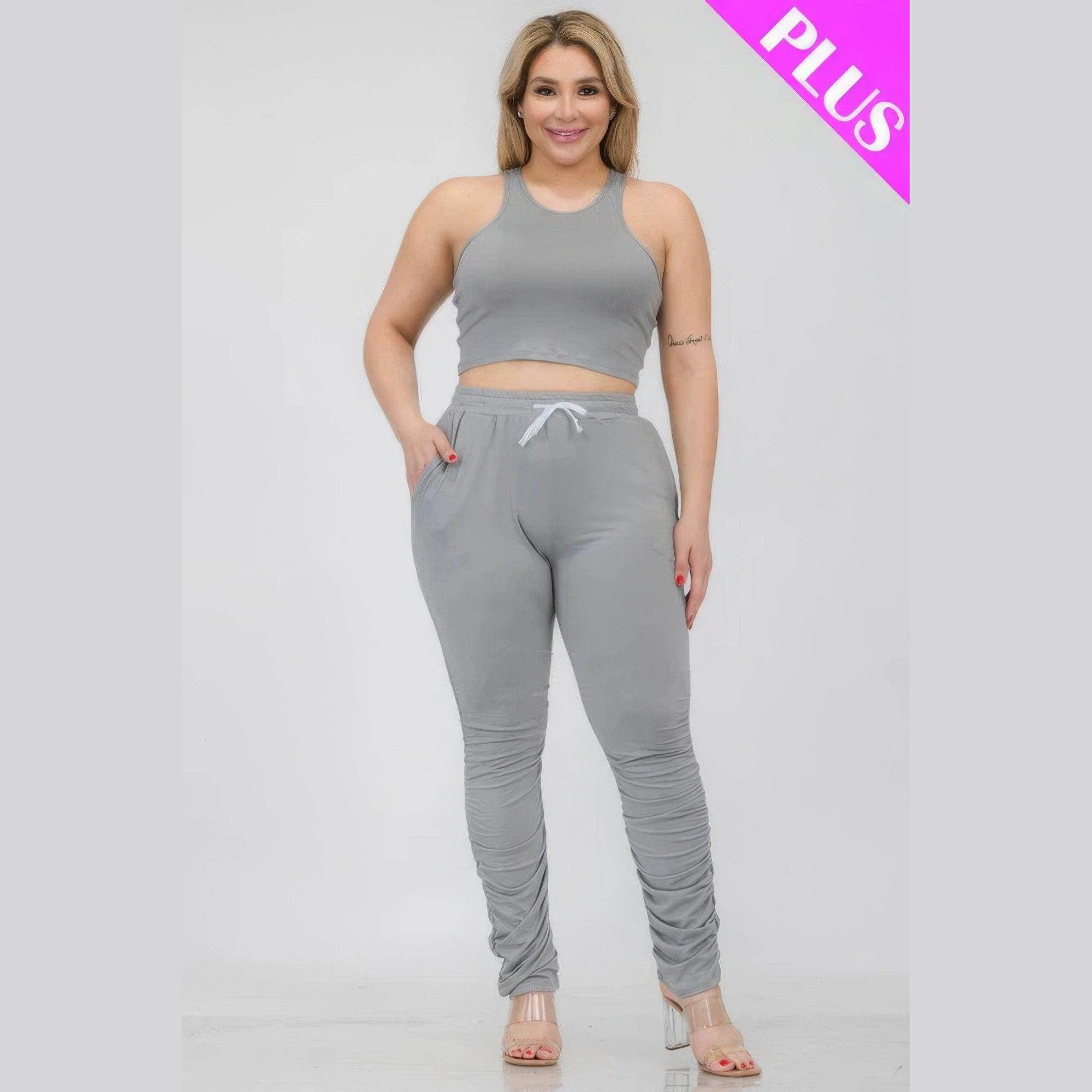 Plus Size Crop Tank Top & Ruched Pants Set - VacationGrabs