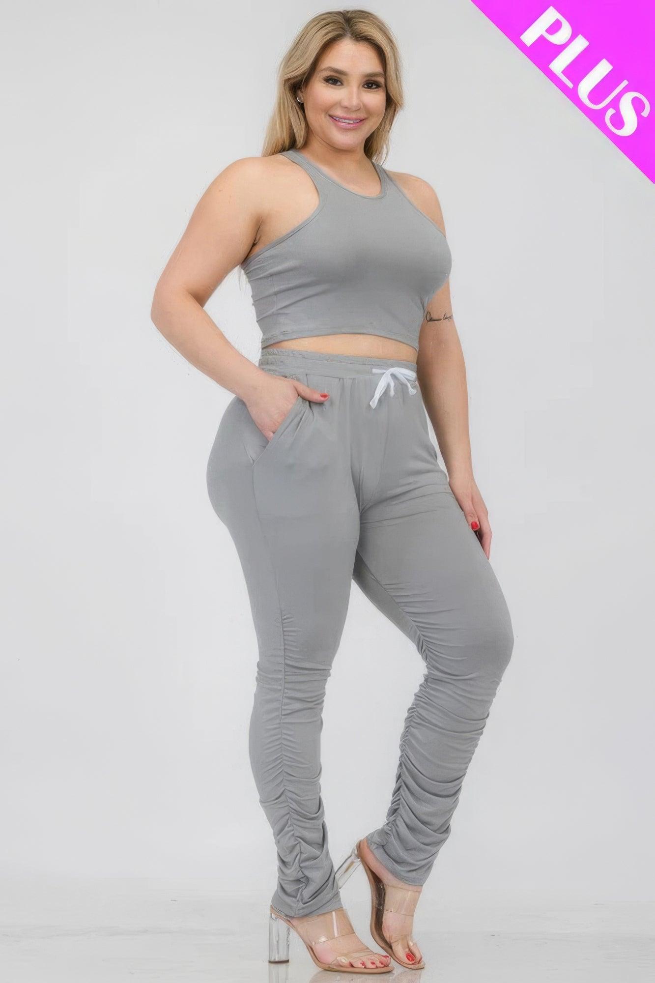 Women's Activewear Plus Size Crop Tank Top & Ruched Pants Set