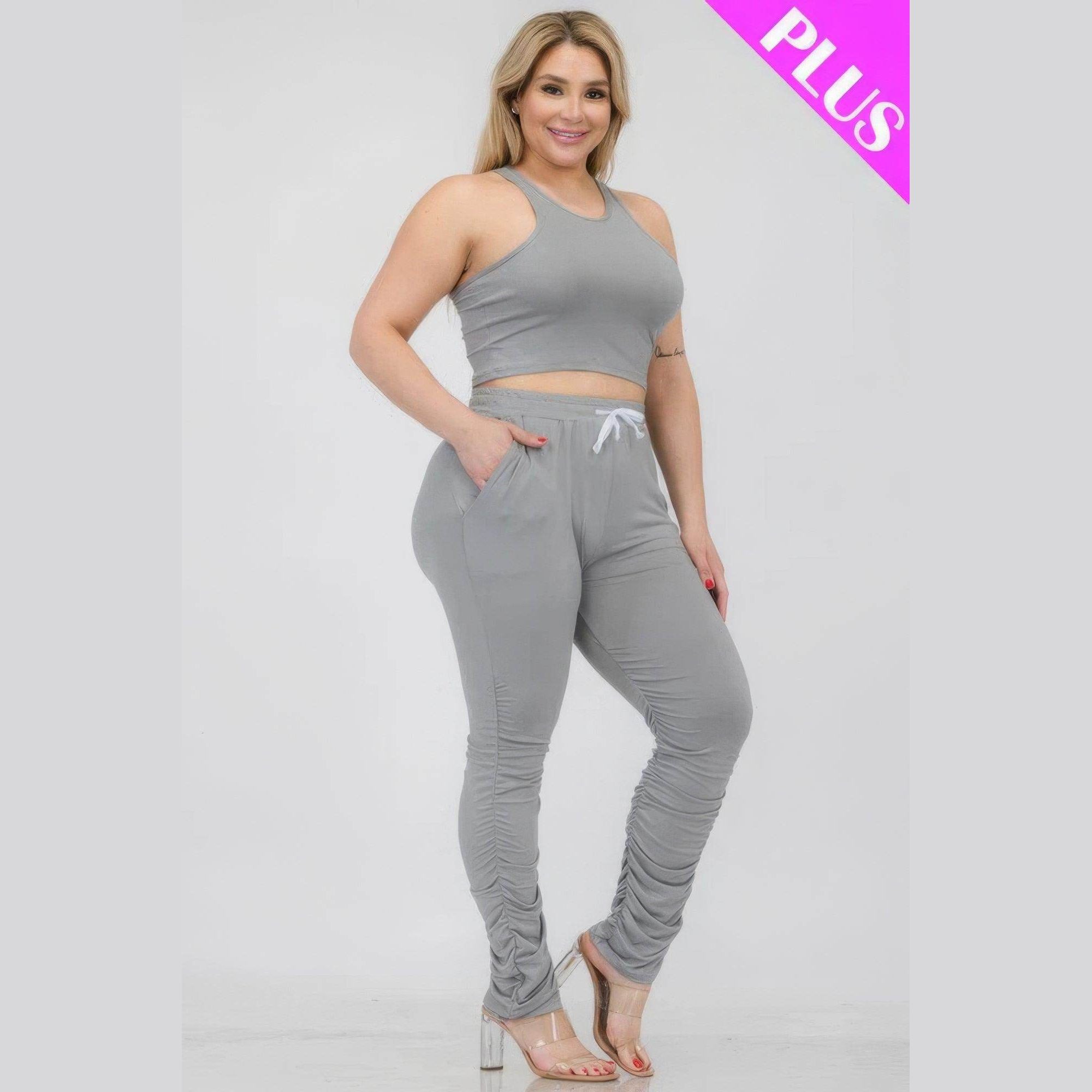 Plus Size Crop Tank Top & Ruched Pants Set - VacationGrabs