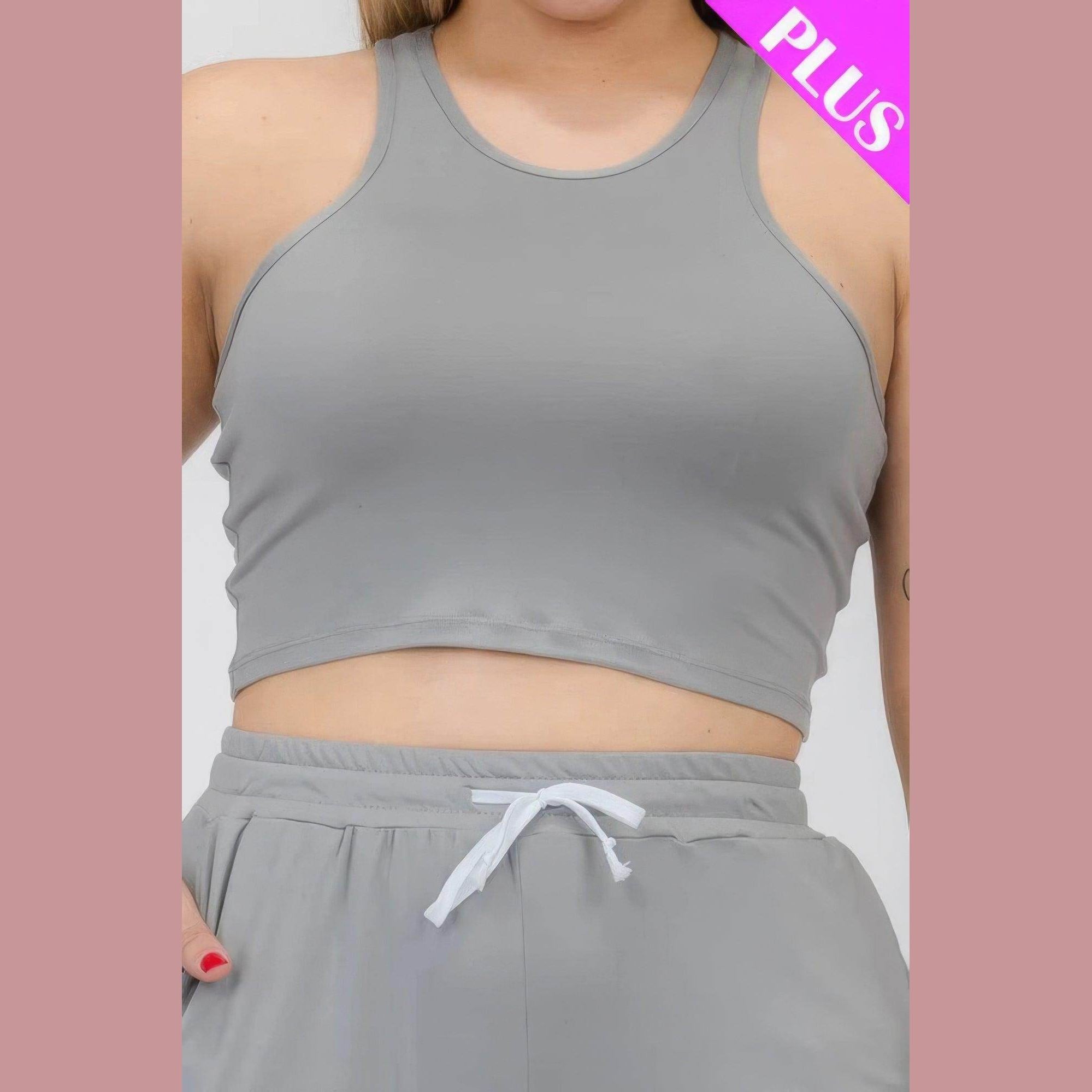 Plus Size Crop Tank Top & Ruched Pants Set - VacationGrabs