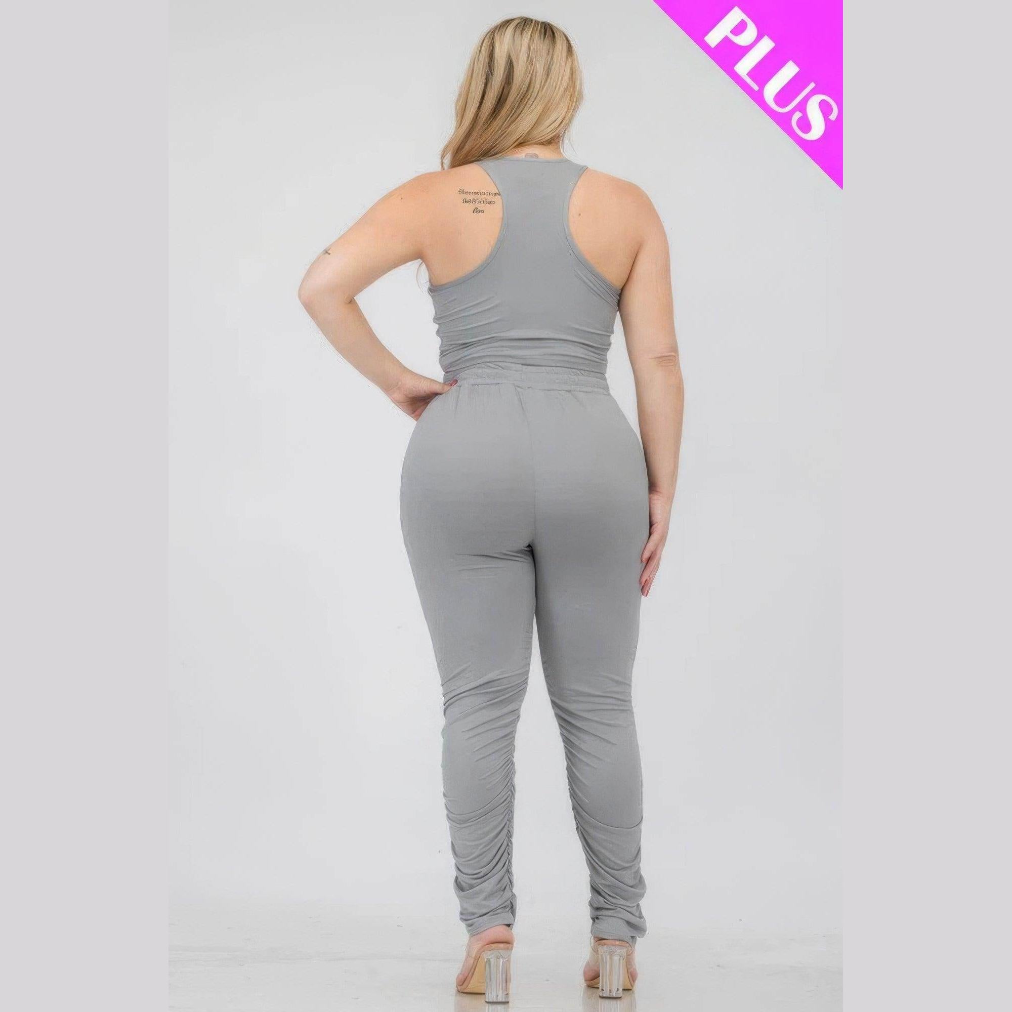 Plus Size Crop Tank Top & Ruched Pants Set - VacationGrabs