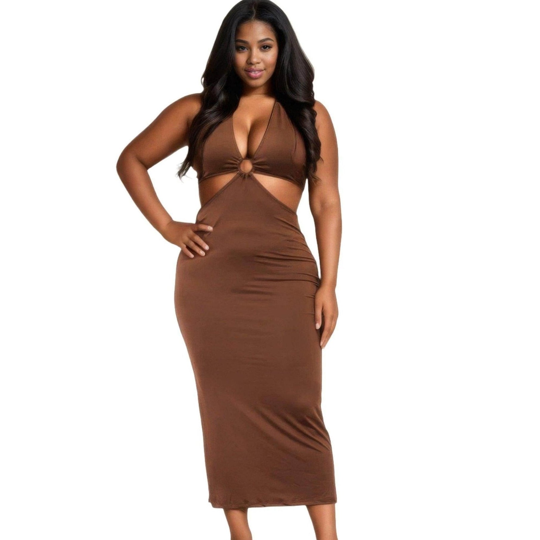 Plus Size Cut-out Halter Neck Back Tie Split Midi Dress - VacationGrabs