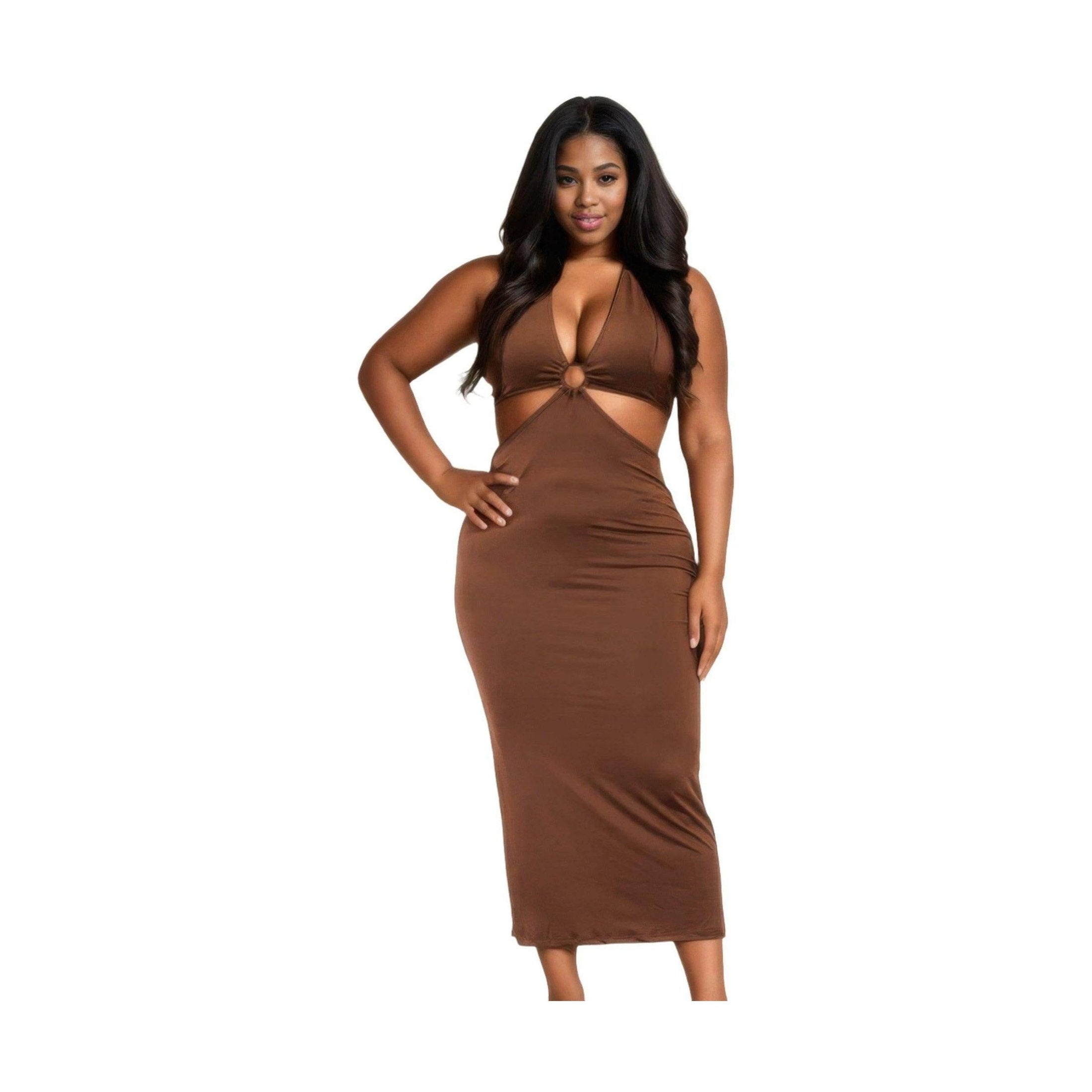 Plus Size Cut-out Halter Neck Back Tie Split Midi Dress - VacationGrabs