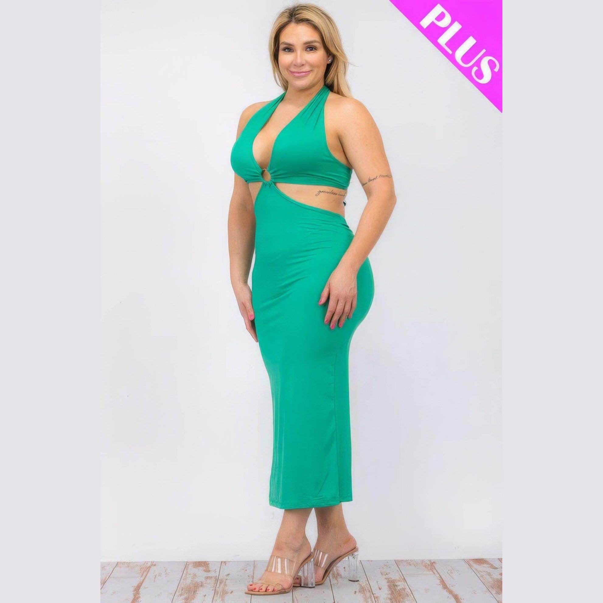 Plus Size Cut-out Halter Neck Back Tie Split Midi Dress - VacationGrabs