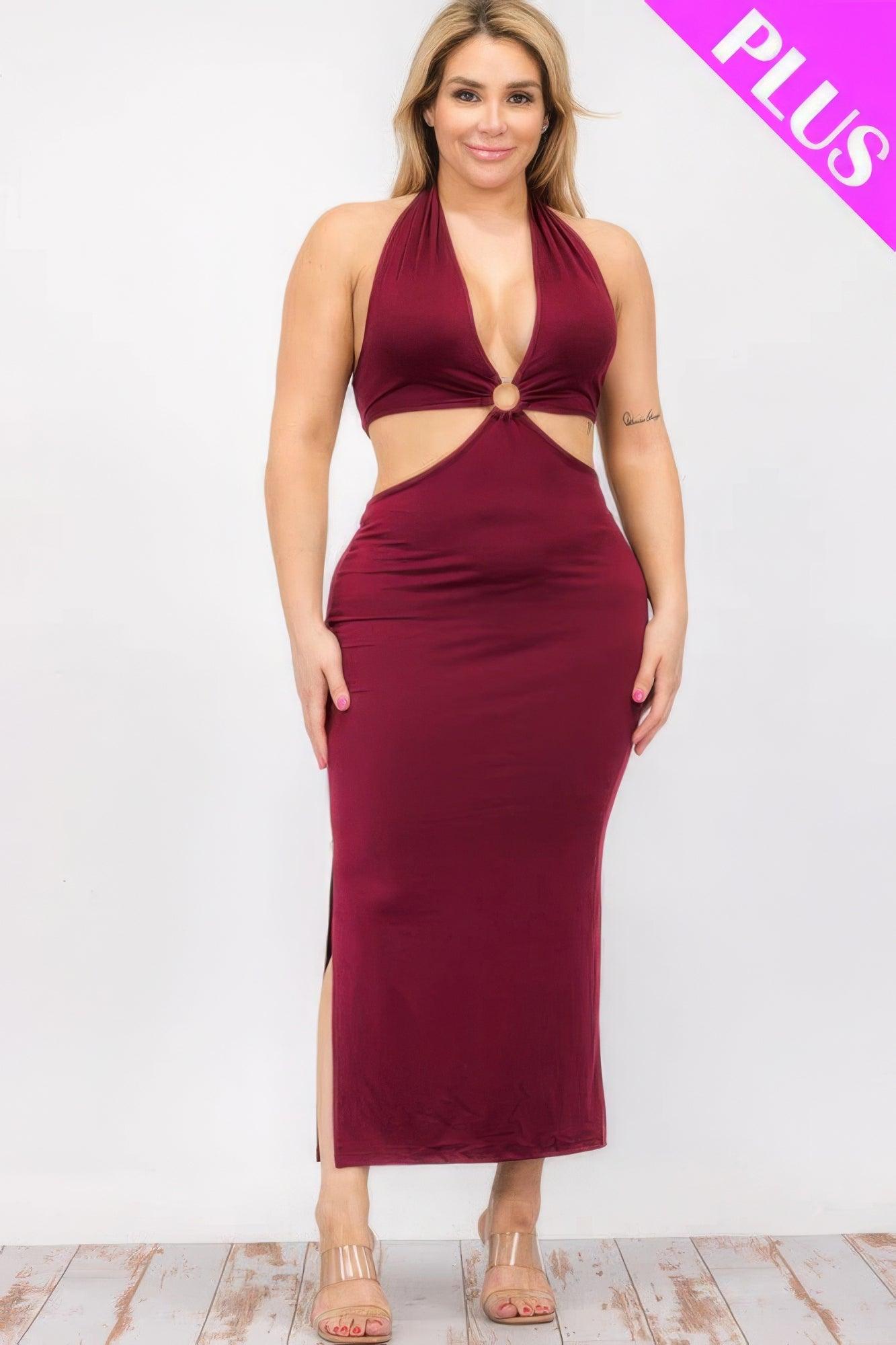 Women's Dresses Plus Size Cut-out Halter Neck Double Back Tie Split Thigh Midi Dress