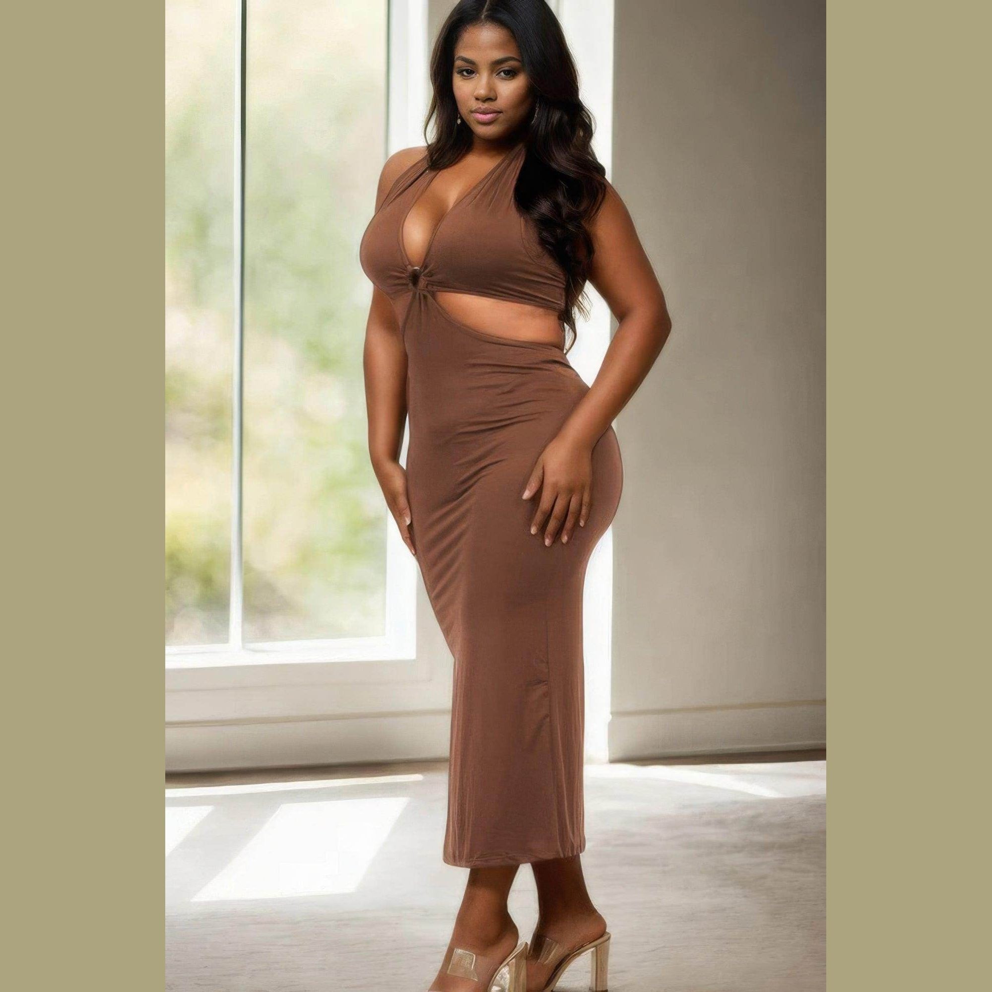 Plus Size Cut-out Halter Neck Back Tie Split Midi Dress - VacationGrabs