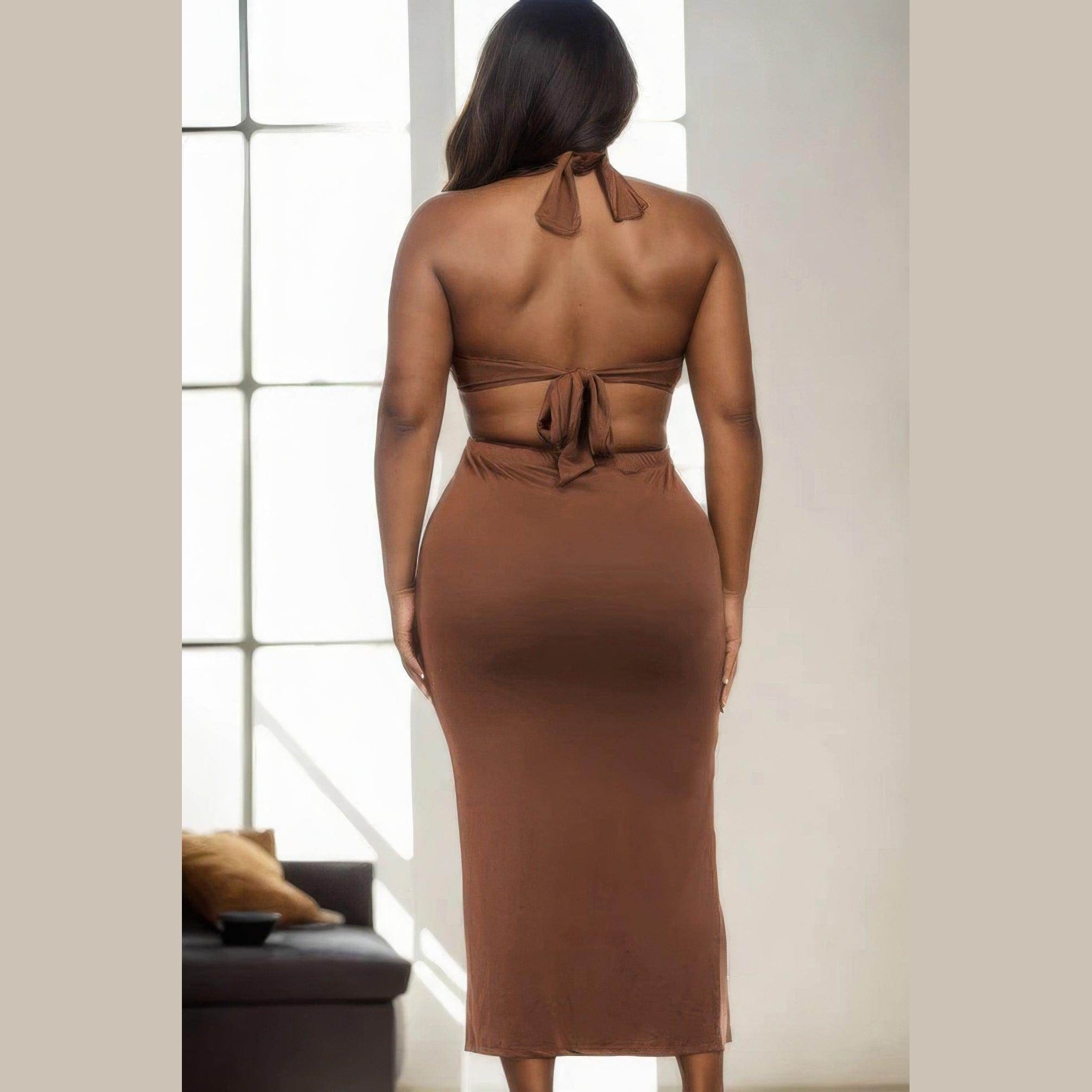 Plus Size Cut-out Halter Neck Back Tie Split Midi Dress - VacationGrabs