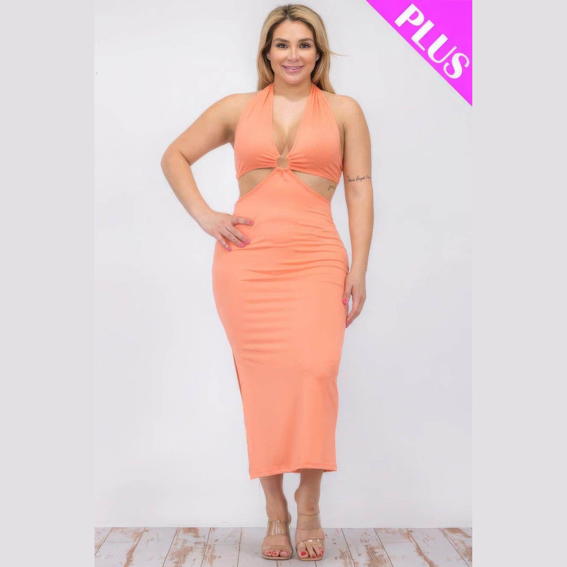 Plus Size Cut-out Halter Neck Back Tie Split Midi Dress - VacationGrabs