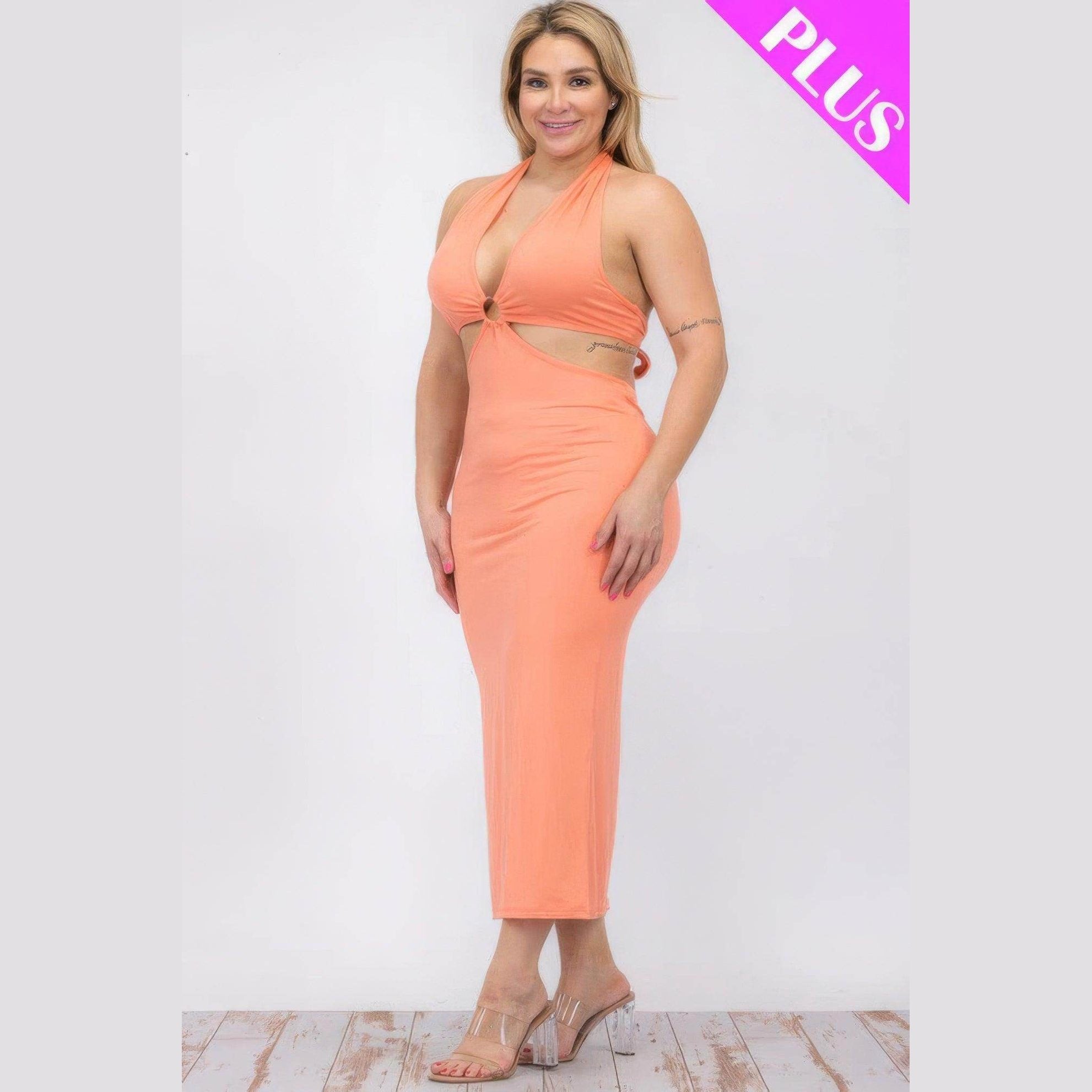 Plus Size Cut-out Halter Neck Back Tie Split Midi Dress - VacationGrabs