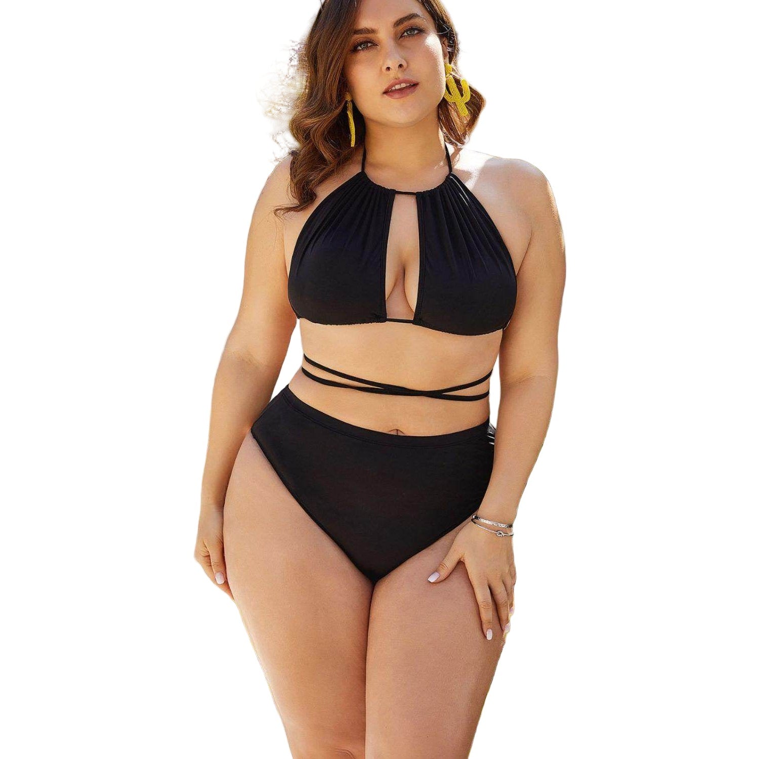 Trendsi plus size cutout bikini in black with halter neck design and high-waisted bottoms