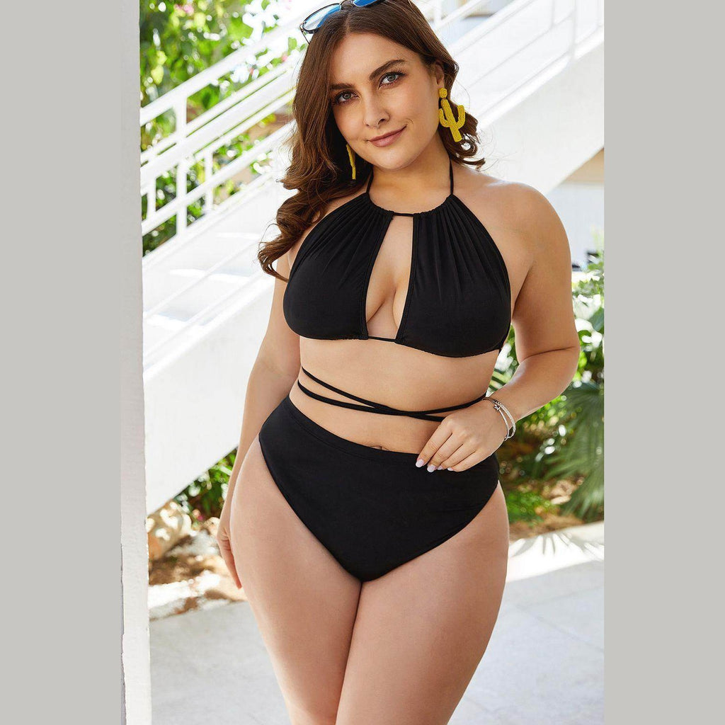 Trendsi plus size cutout bikini in black with halter top and high-waisted bottom for stylish beachwear