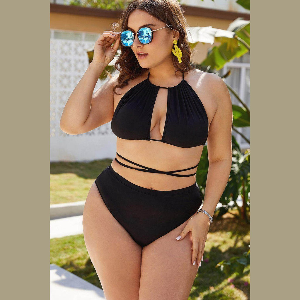 Trendsi plus size cutout bikini in black with halter top and high-waisted bottom for stylish summer wear
