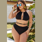 Trendsi plus size cutout bikini in black with halter top and high-waisted bottom for stylish summer wear
