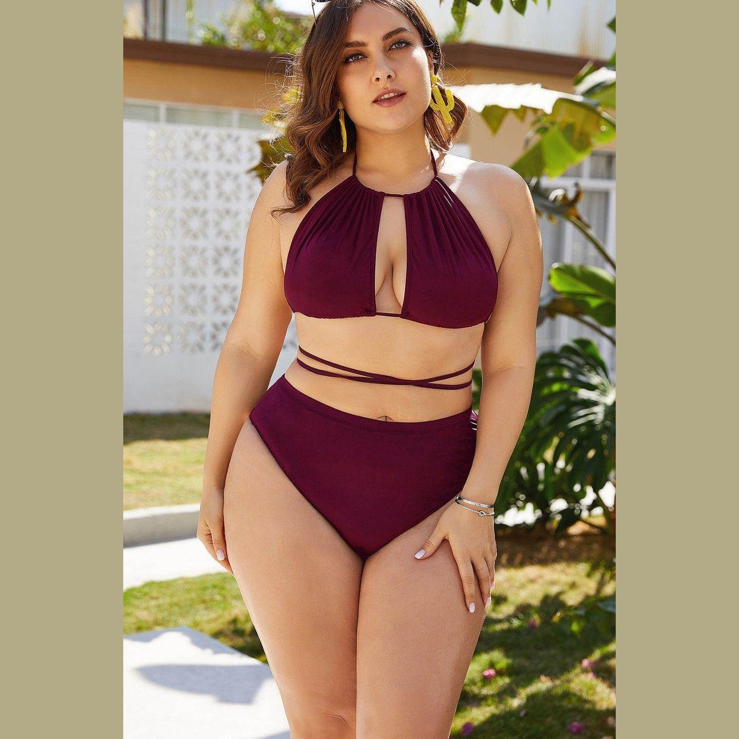 Trendsi plus size cutout bikini in burgundy with halter neck and high-waisted bottoms
