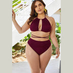 Trendsi plus size cutout bikini in burgundy with halter top and high-waisted bottom for stylish comfort