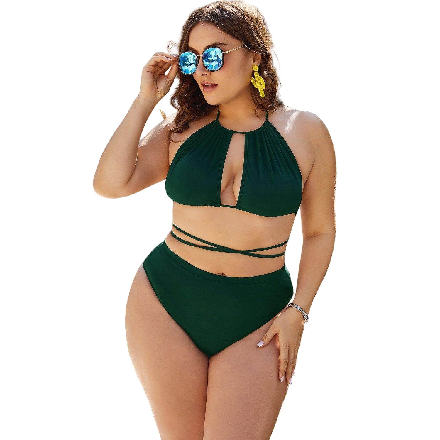 Trendsi plus size cutout bikini in deep green with adjustable straps and high-waisted bottom for stylish comfort