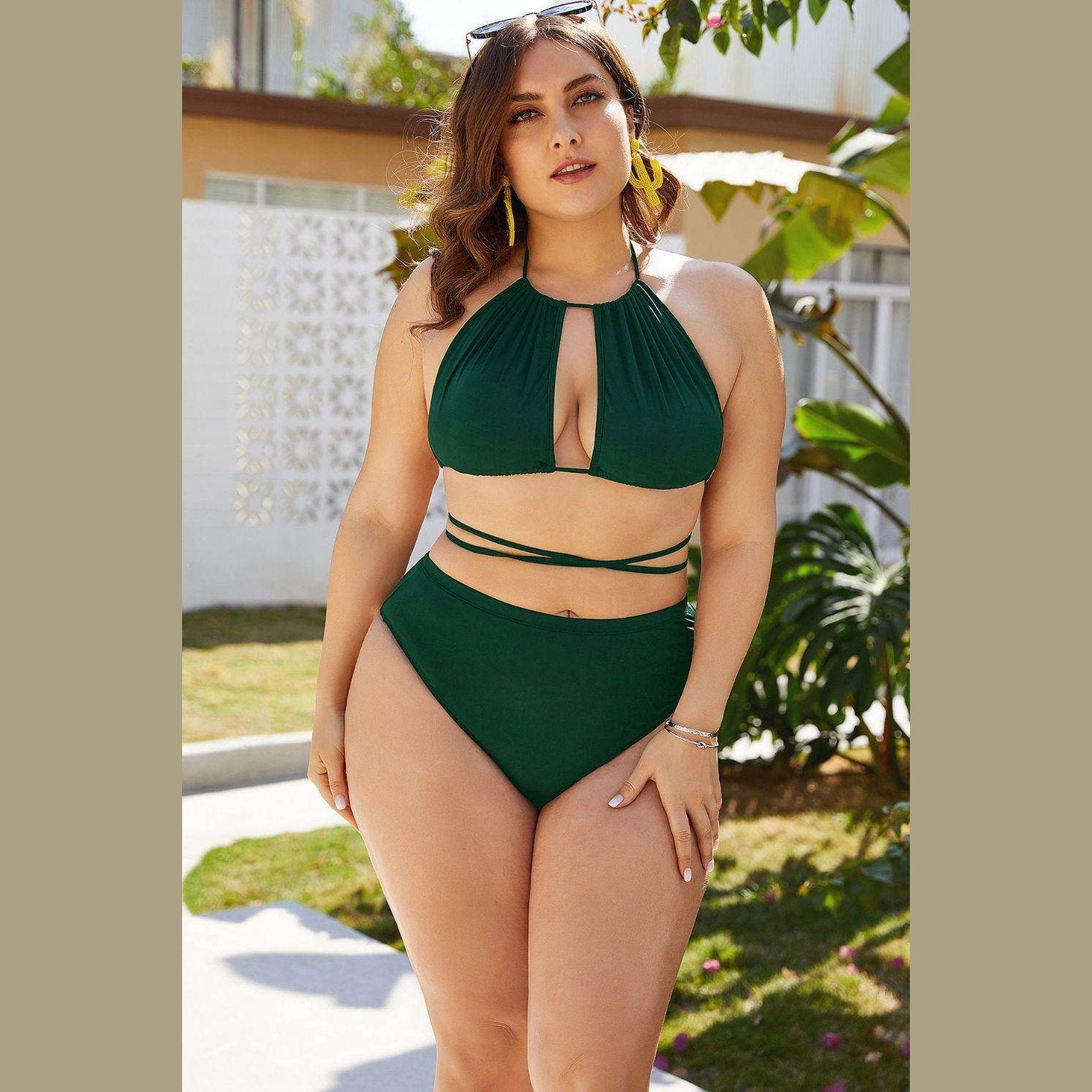 Trendsi Plus Size Cutout Bikini in Dark Green with Halter Neck and High-Waisted Bottom