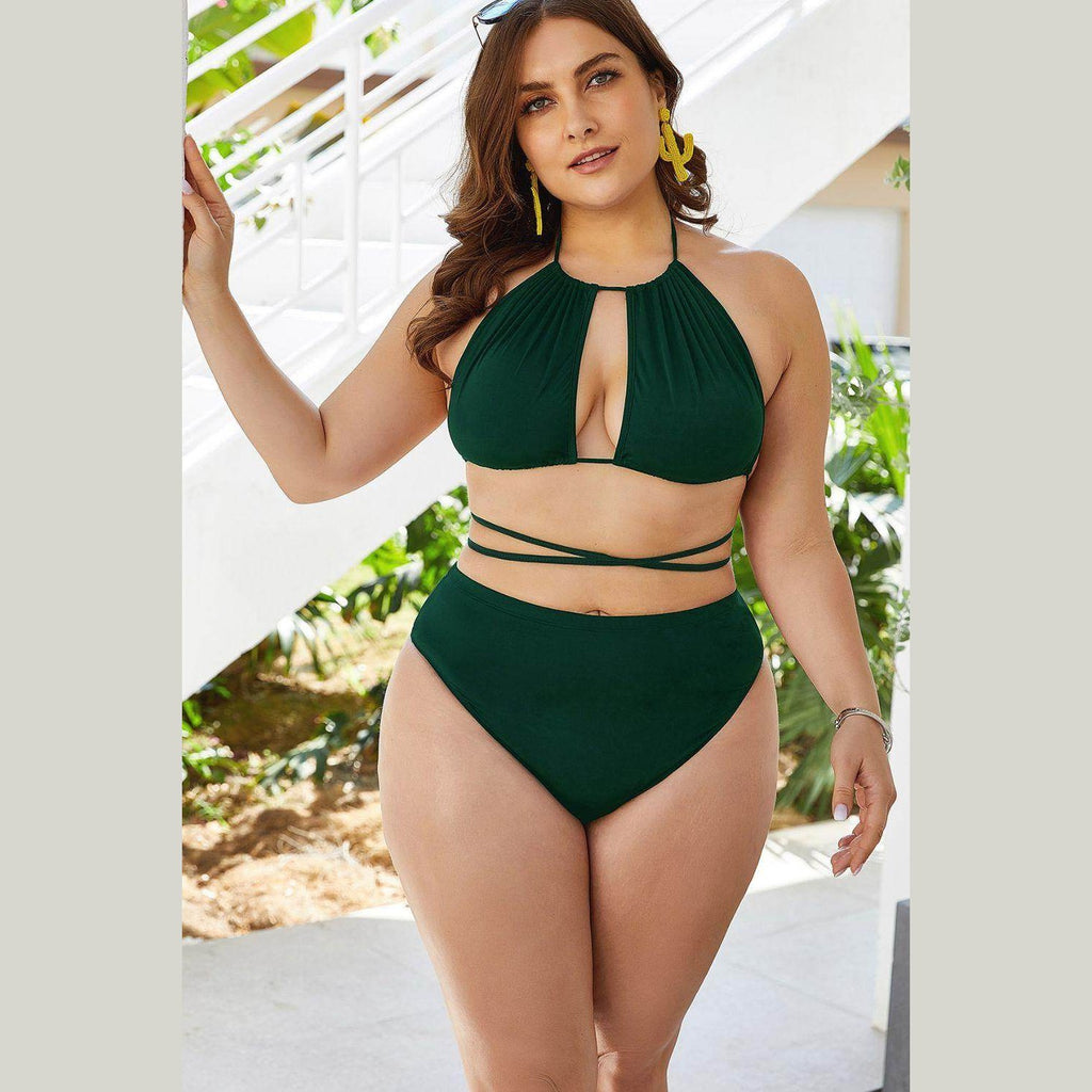 Trendsi plus size cutout bikini in deep green with a halter neck and high-waisted bottom for stylish beachwear