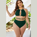 Trendsi plus size cutout bikini in deep green with a halter neck and high-waisted bottom for stylish beachwear