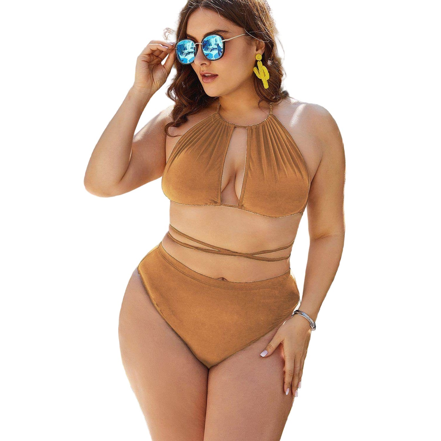 Trendsi plus size cutout bikini in brown with halter top and high-waisted bottom for stylish comfort