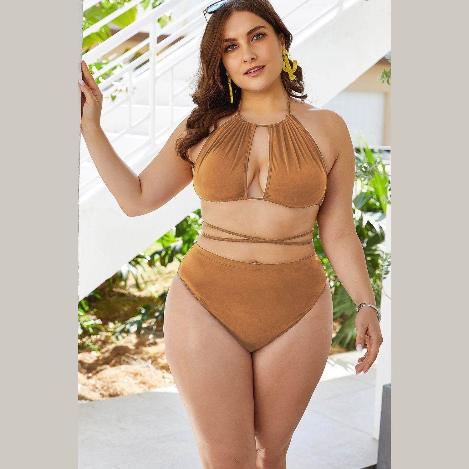 Trendsi Plus Size Cutout Bikini in Brown with Halter Neck and High-Waisted Bottom