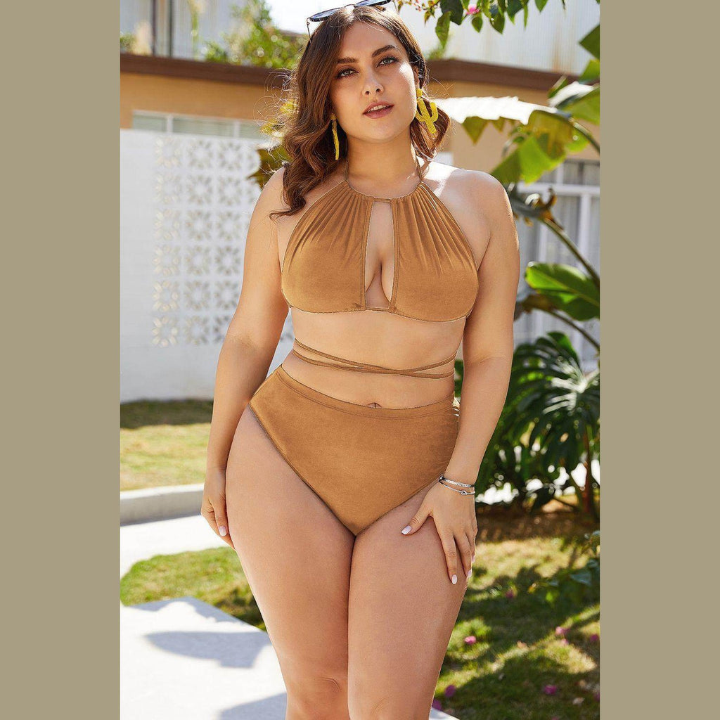 Trendsi Plus Size Cutout Bikini in Tan with Stylish Halter Neck Design for Comfort and Confidence