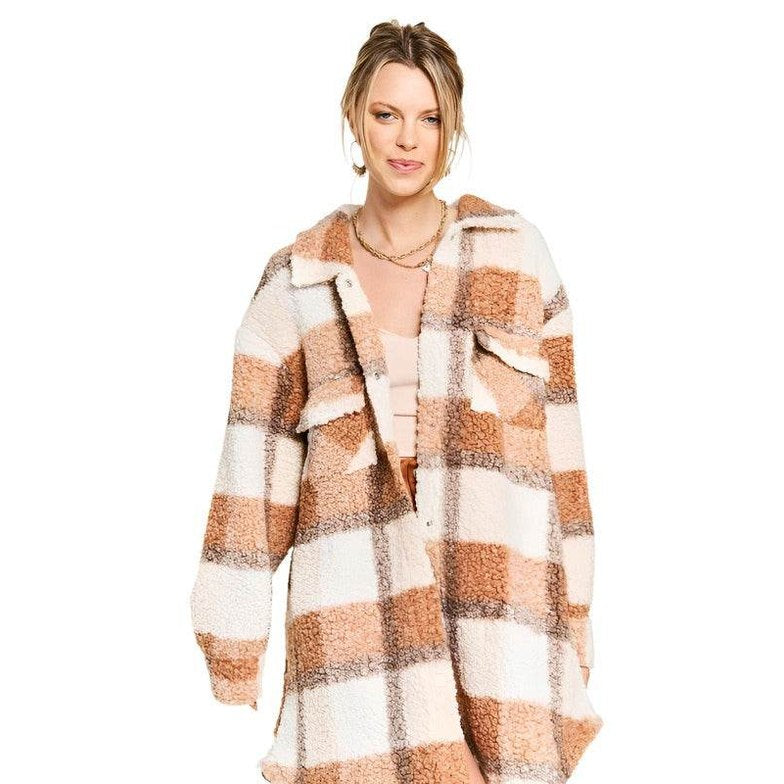 Plus Size Fuzzy Plaid Teddy Jacket - VacationGrabs