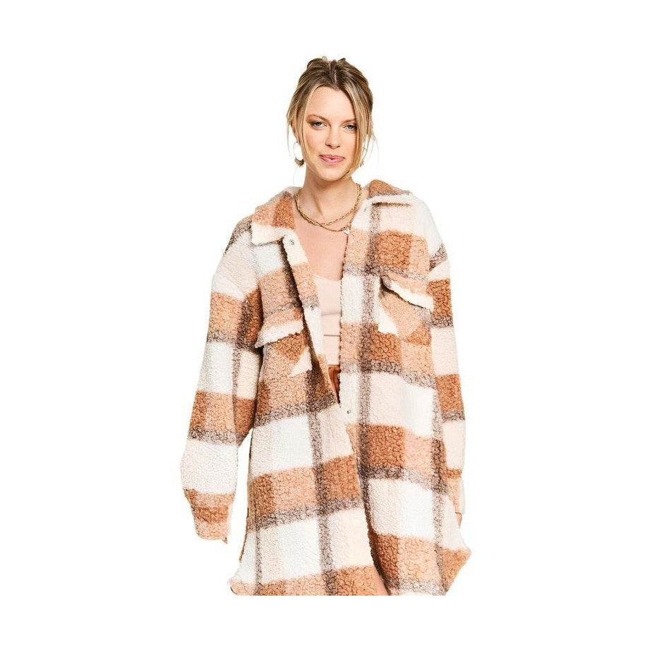 Plus Size Fuzzy Plaid Teddy Jacket - VacationGrabs