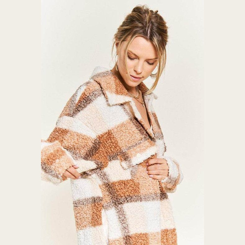 Plus Size Fuzzy Plaid Teddy Jacket - VacationGrabs