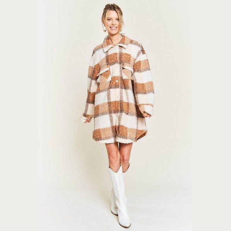 Plus Size Fuzzy Plaid Teddy Jacket - VacationGrabs