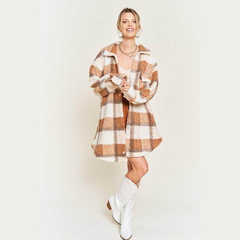 Plus Size Fuzzy Plaid Teddy Jacket - VacationGrabs