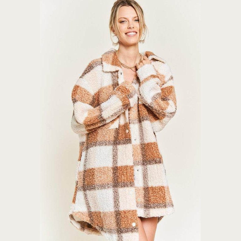 Plus Size Fuzzy Plaid Teddy Jacket - VacationGrabs