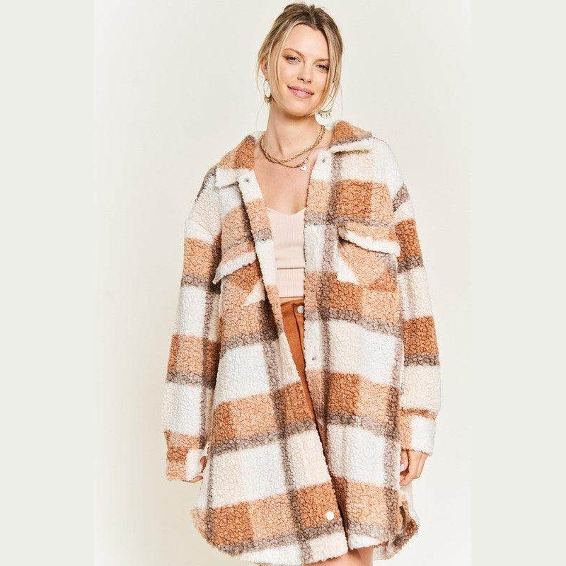 Plus Size Fuzzy Plaid Teddy Jacket - VacationGrabs