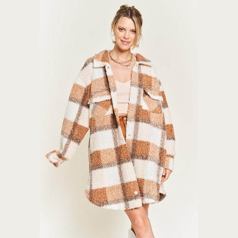 Plus Size Fuzzy Plaid Teddy Jacket - VacationGrabs