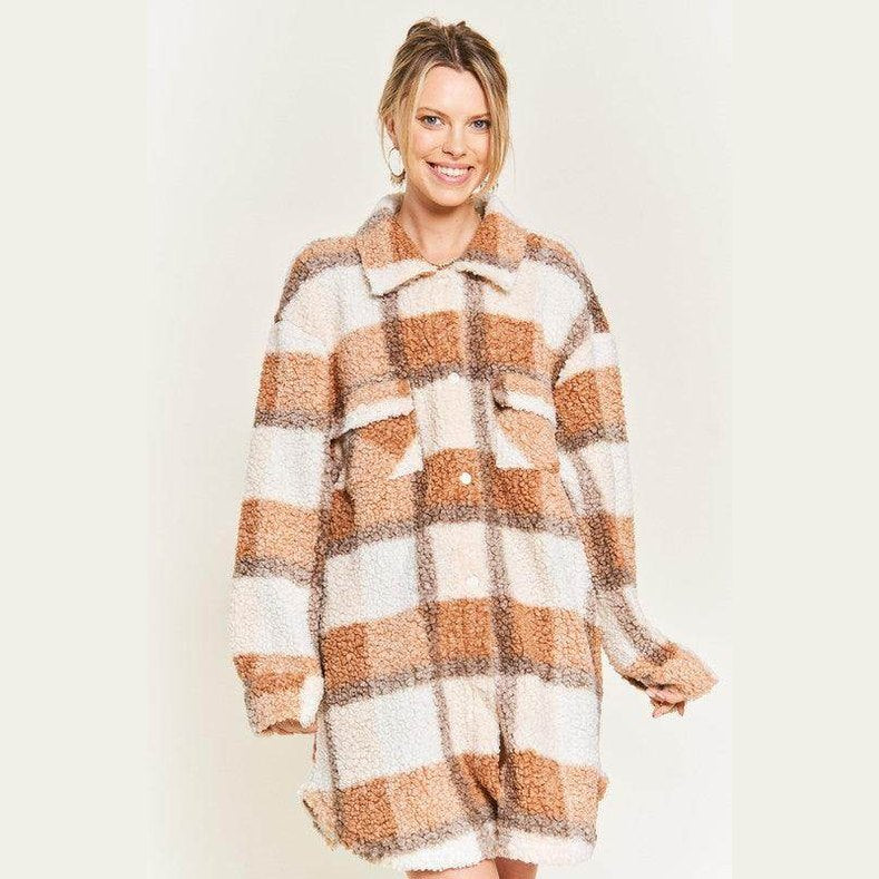 Plus Size Fuzzy Plaid Teddy Jacket - VacationGrabs
