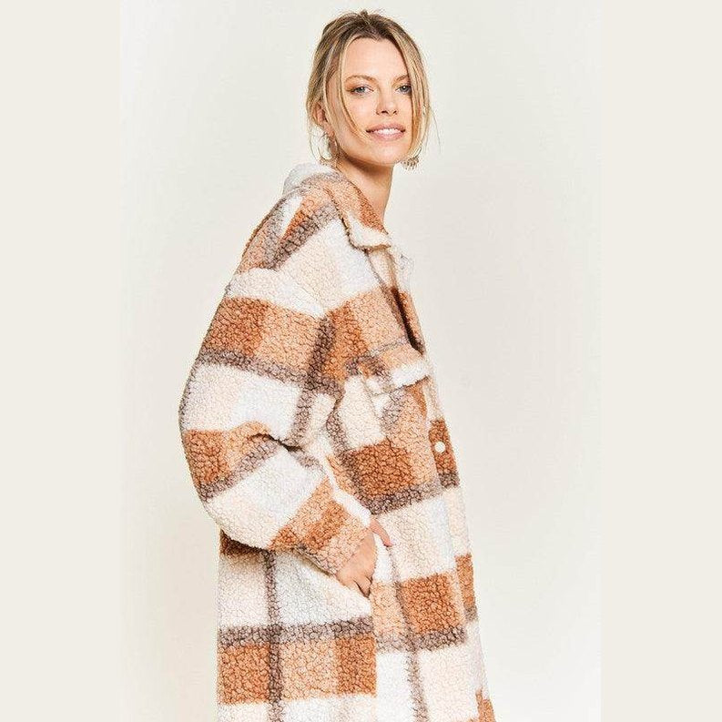 Plus Size Fuzzy Plaid Teddy Jacket - VacationGrabs