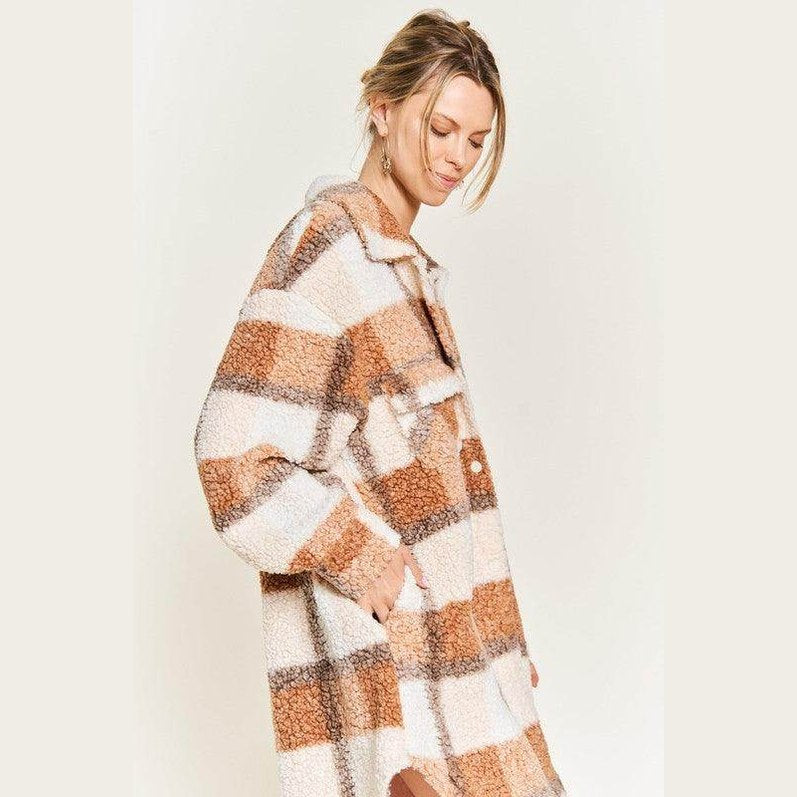 Plus Size Fuzzy Plaid Teddy Jacket - VacationGrabs