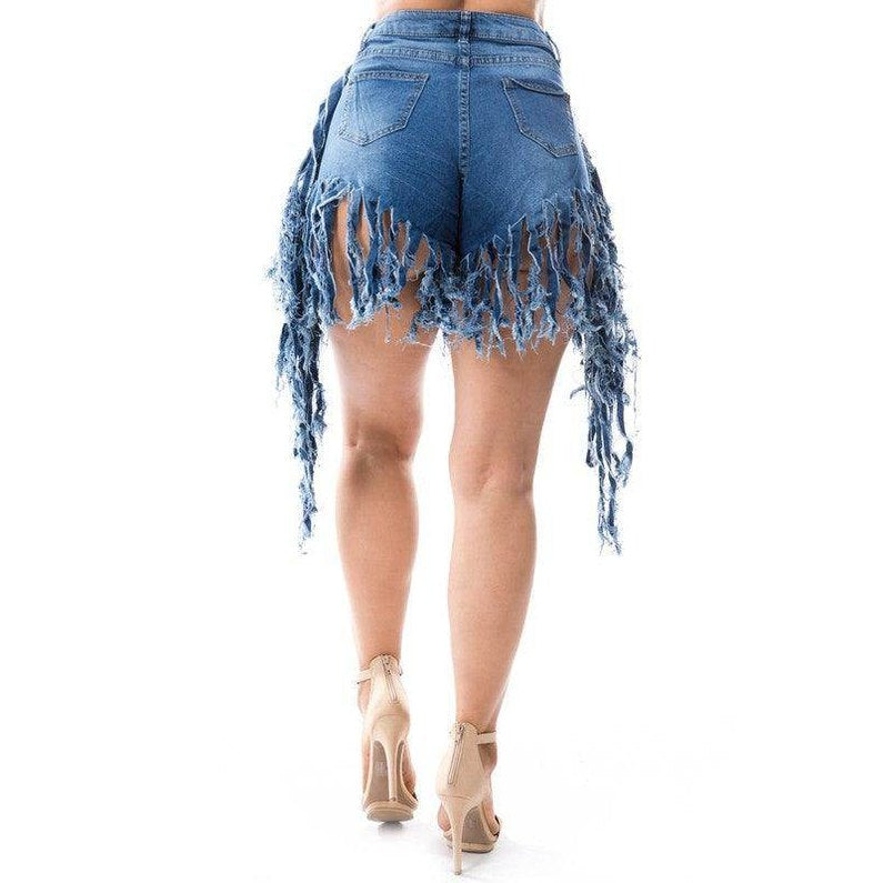 By Claude Plus Size Jean Shorts with Fringe Detail for a Trendy Summer Look