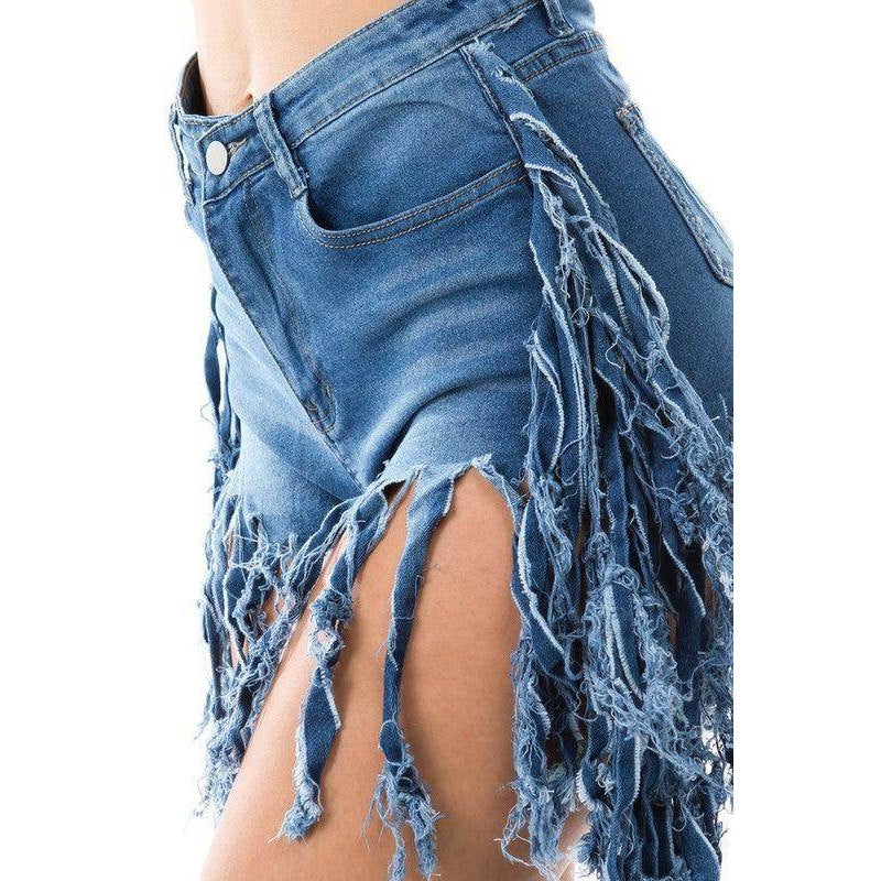 By Claude plus size jean shorts with distressed fringed hem for a trendy summer look