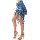 By Claude plus size jean shorts with trendy fringe design and high-waisted fit for a stylish summer look