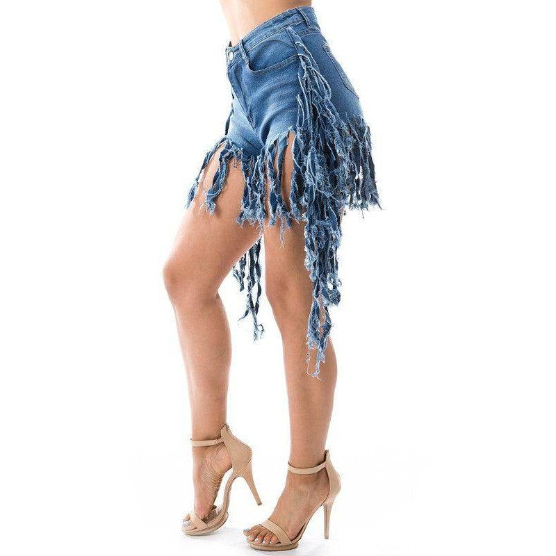By Claude plus size jean shorts with trendy fringe design and high-waisted fit for a stylish summer look