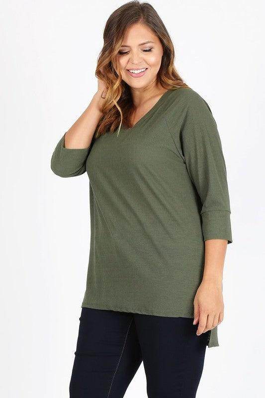 Plus Size Knit V-Neck Hi-Low Top - VacationGrabs