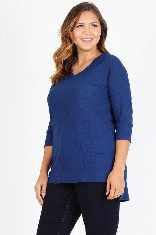 Plus Size Knit V-Neck Hi-Low Top - VacationGrabs