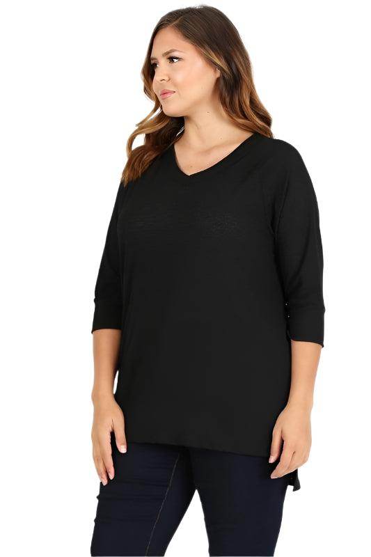 Plus Size Knit V-Neck Hi-Low Top - VacationGrabs